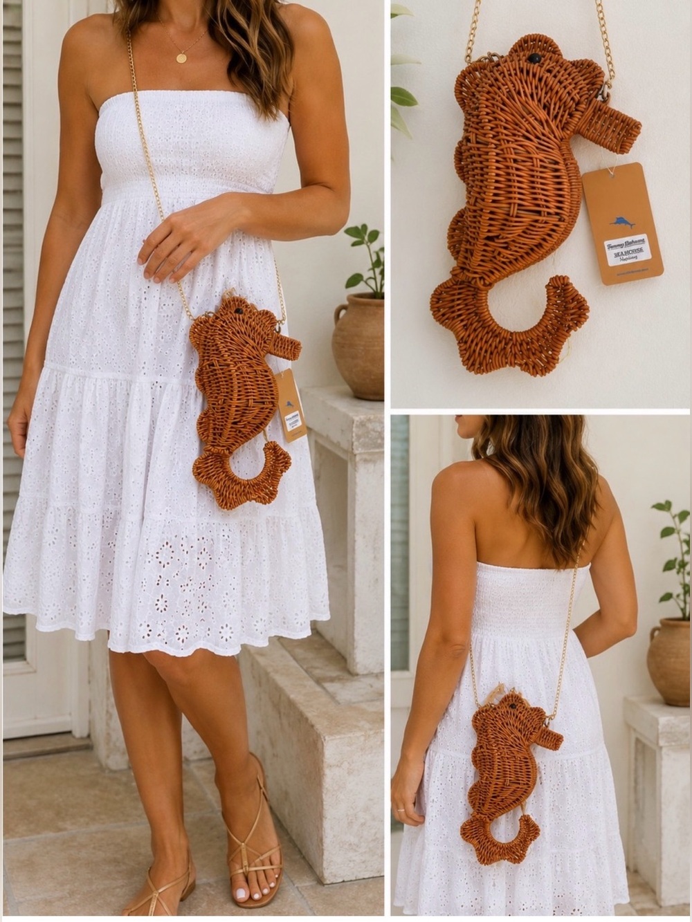 Tommy Bahama woven /rattan Seahorse Crossbody in Natural Brown gold chain purse.